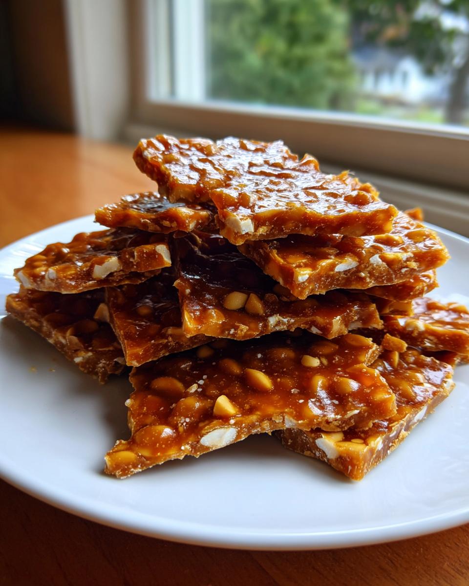 A stack of golden brown, broken pieces of homemade peanut brittle recipe piled on a white plate.