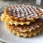 A close-up stack of four golden brown pizzelle cookies dusted heavily with white powdered sugar.