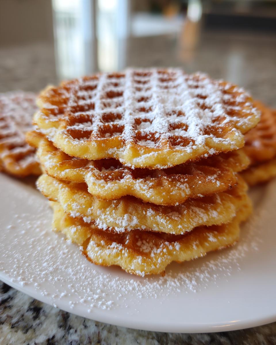 Close-up of a stack of golden, round pizzelle cookies dusted heavily with powdered sugar on a white plate.