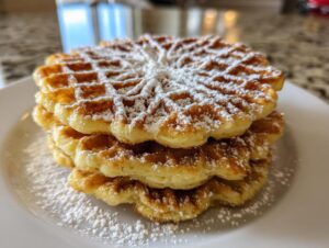 A stack of three golden brown pizzelle cookies dusted heavily with powdered sugar on a white plate.