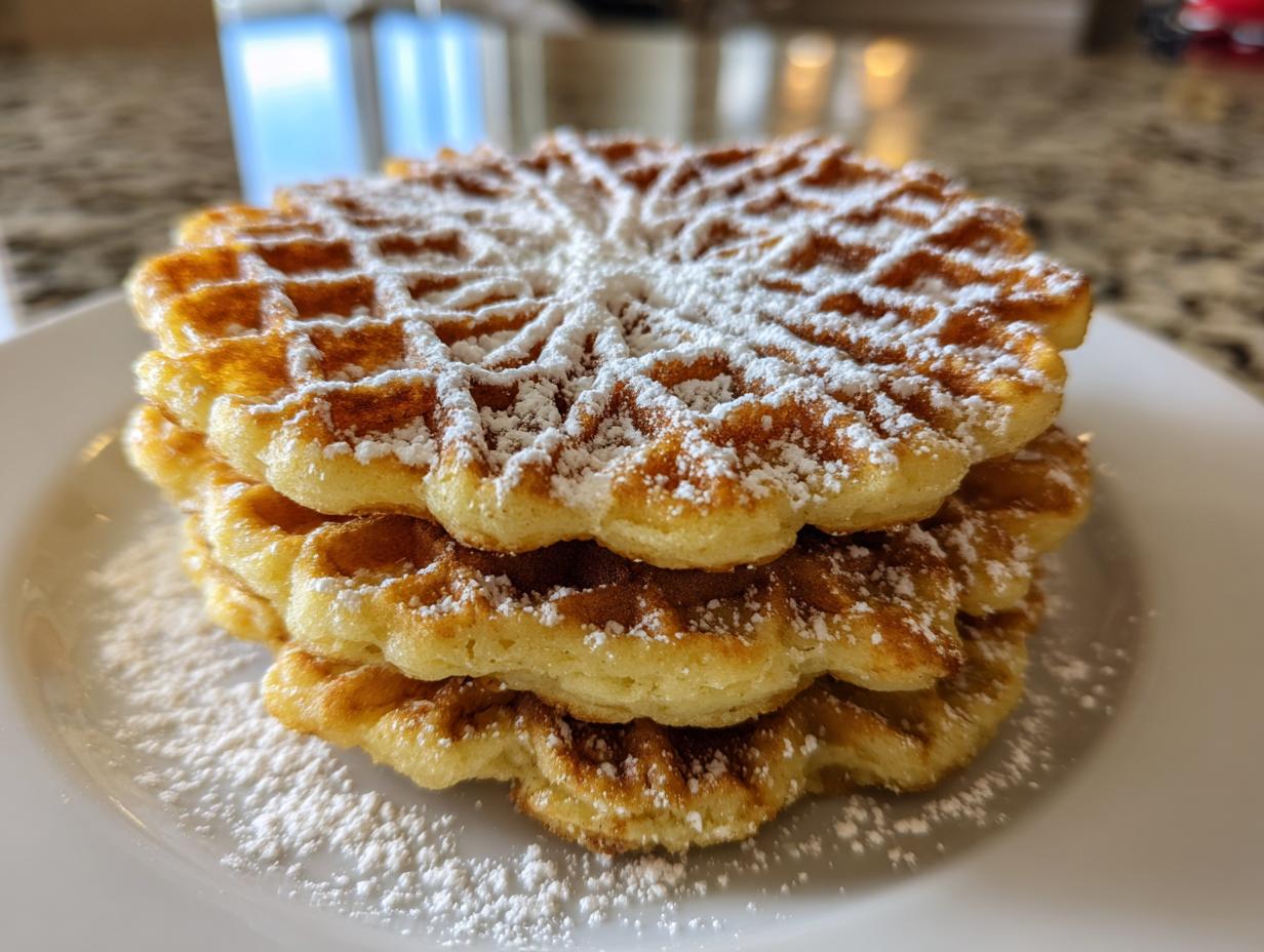 A stack of three golden brown pizzelle cookies dusted heavily with powdered sugar on a white plate.