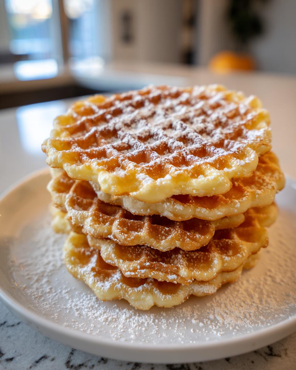 A stack of four golden, crisp pizzelle cookies dusted heavily with powdered sugar on a white plate.
