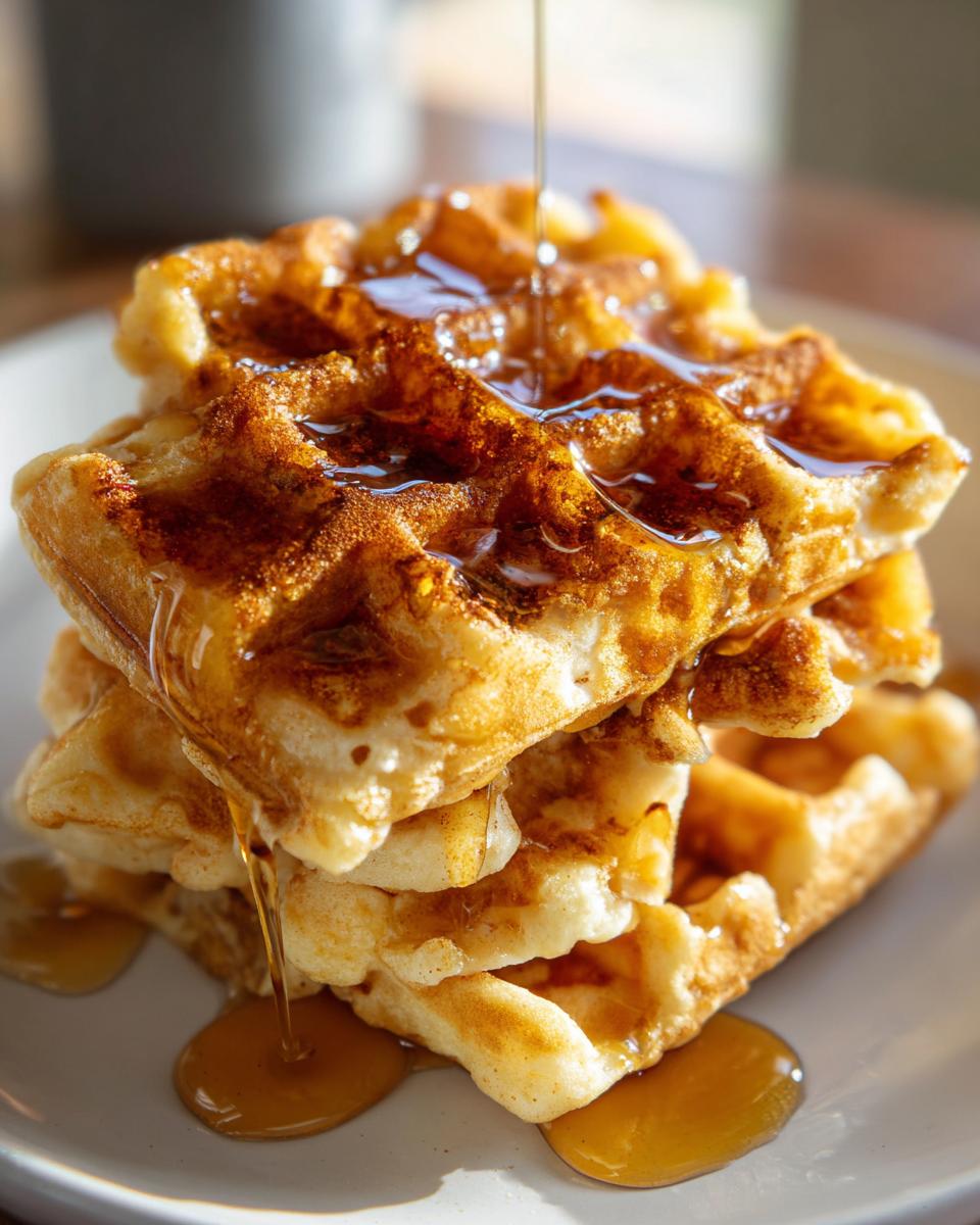 Close-up of a tall stack of golden pumpkin waffles being drizzled generously with maple syrup.