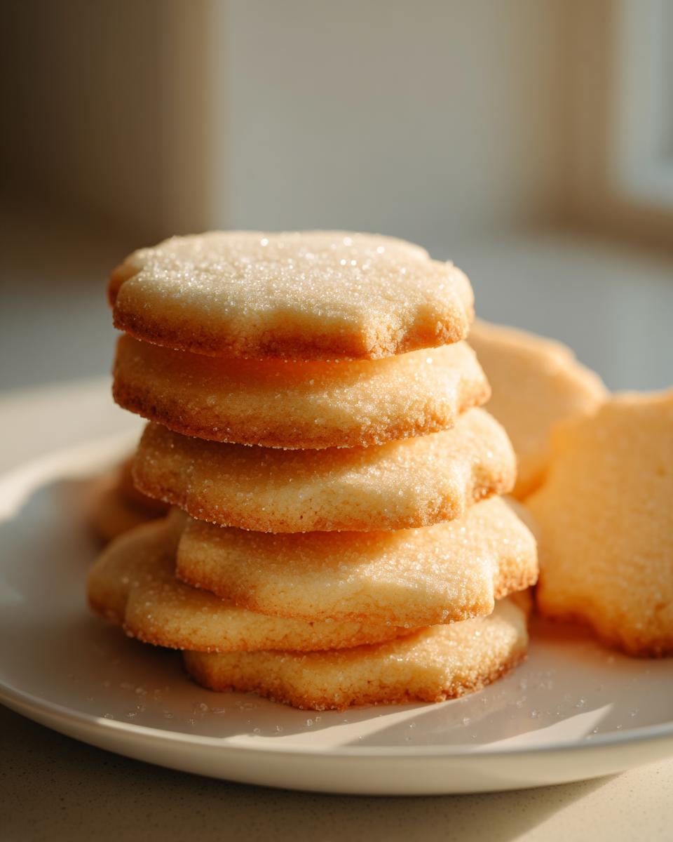 A close-up stack of five golden brown sugar cookies, sprinkled with granulated sugar, resting on a white plate.