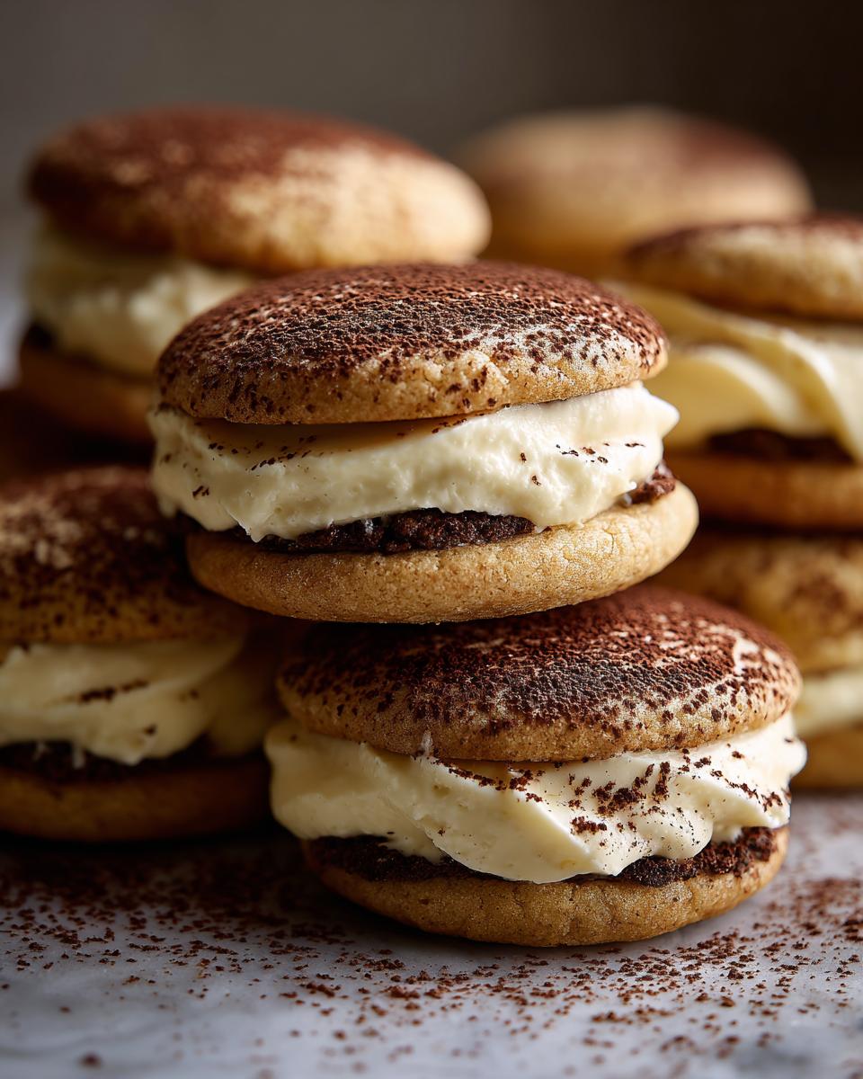 Close-up of stacked tiramisu cookies filled with creamy mascarpone and dusted heavily with cocoa powder.
