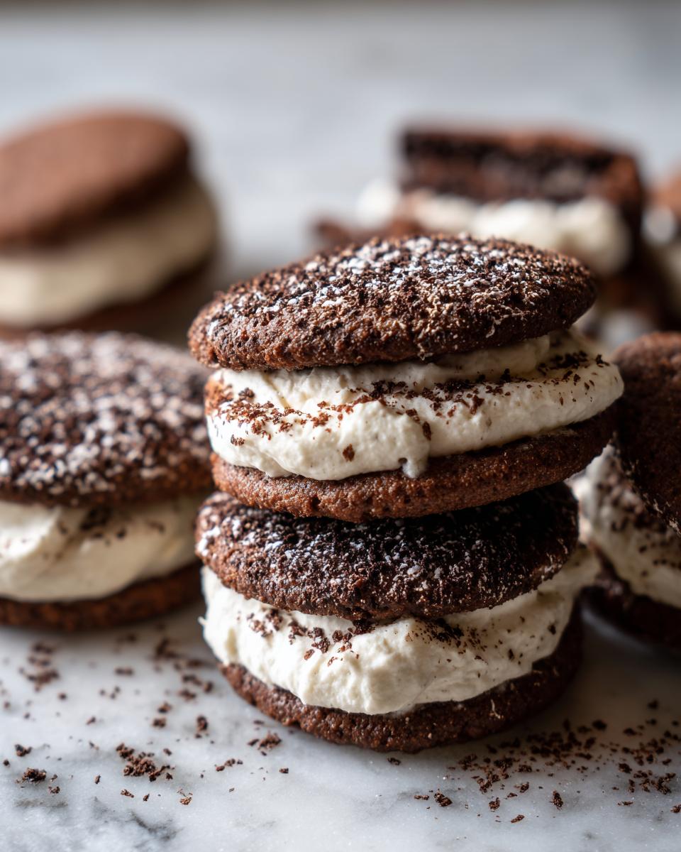 A close-up stack of two decadent tiramisu cookies filled with thick white cream and dusted with chocolate shavings.