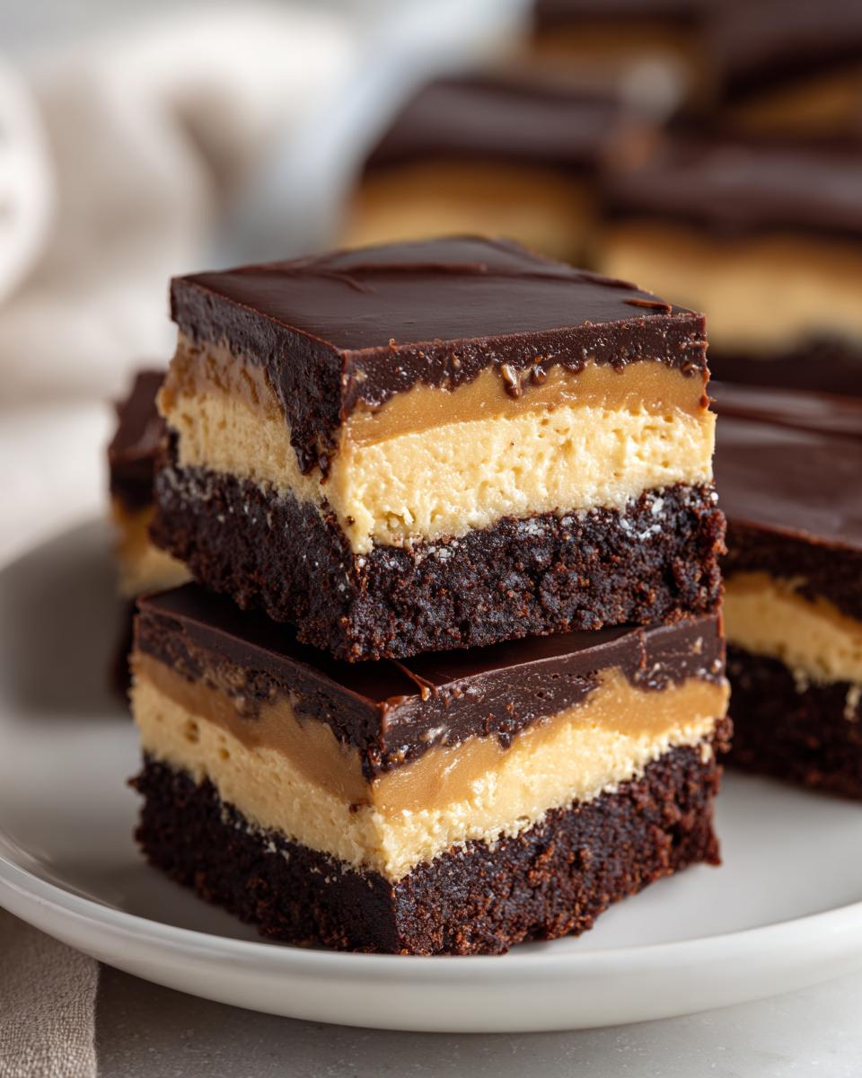 Two stacked squares of rich buckeye brownies showing the dark chocolate base, peanut butter layer, caramel layer, and chocolate ganache topping.