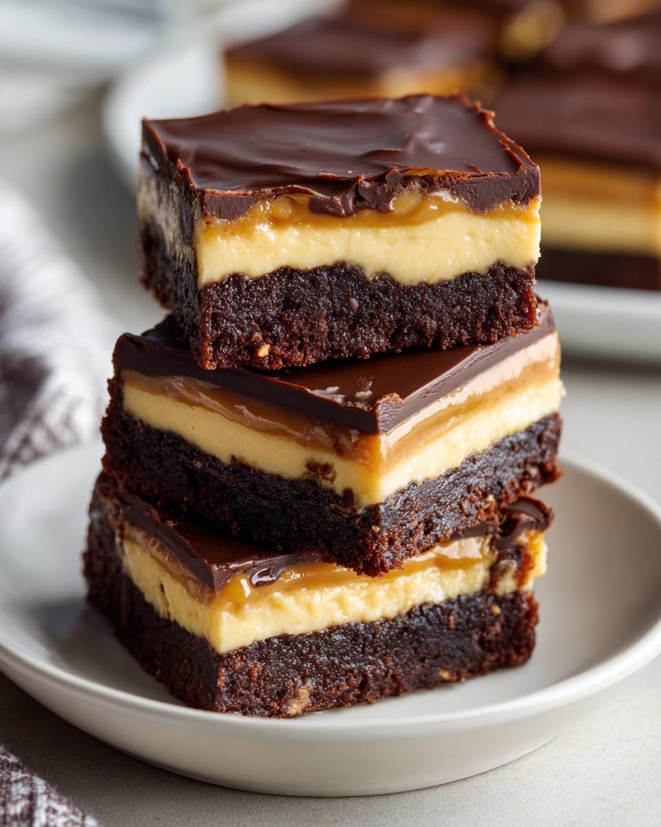 Three stacked squares of rich buckeye brownies showing a dark chocolate base, creamy peanut butter layer, and glossy chocolate topping.