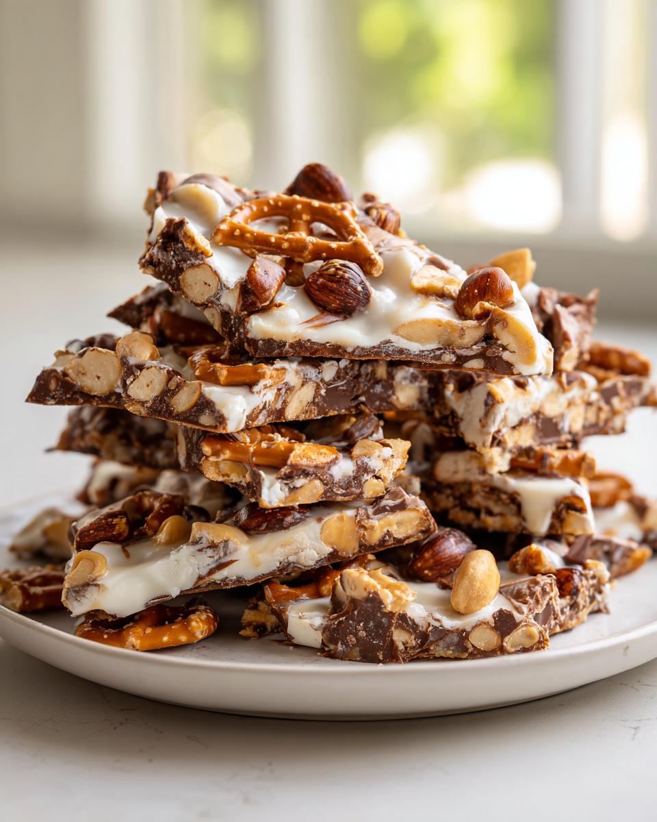 A stack of broken pieces of peanut butter pretzel bark topped with nuts and pretzels on a white plate.