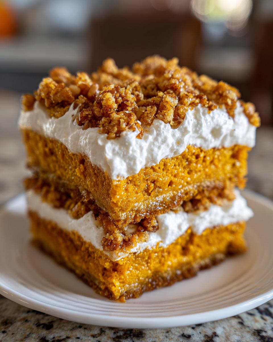 Two stacked squares of moist pumpkin crunch dessert topped with whipped cream and a crunchy pecan topping.