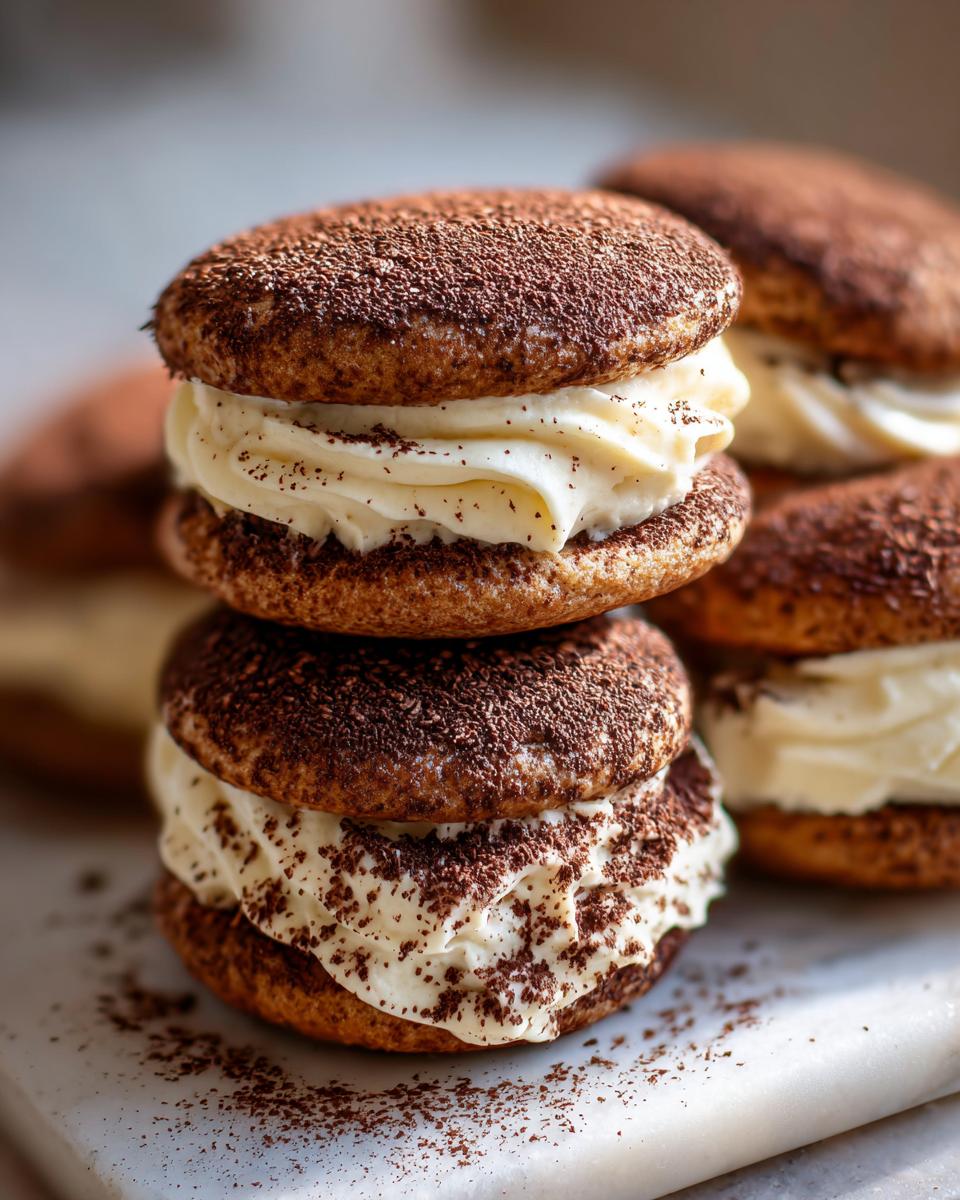 Close-up of stacked tiramisu cookies filled with creamy mascarpone frosting and dusted with cocoa powder.