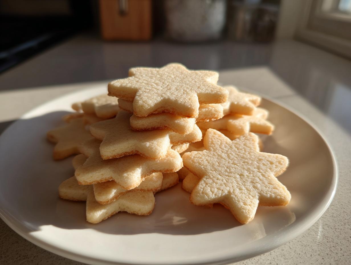 A stack of freshly baked, star-shaped sugar cookies piled on a white plate, highlighted by natural sunlight.