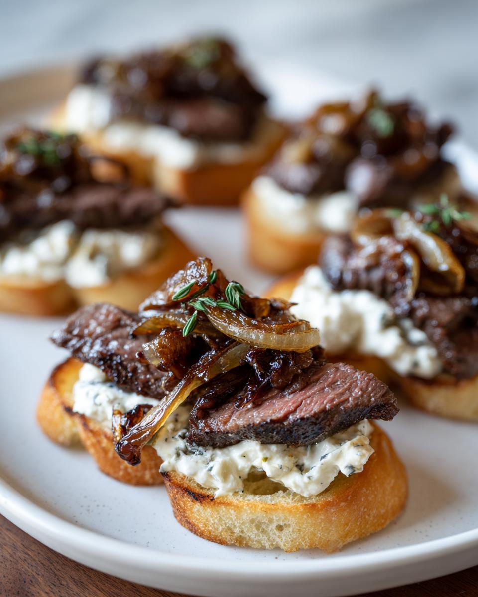Close-up of gourmet steak crostini featuring seared steak, creamy cheese spread, and caramelized onions on toasted bread.