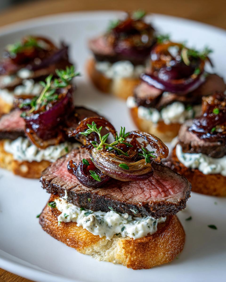 Close-up of a perfectly cooked steak crostini topped with creamy cheese spread, caramelized red onion, and fresh thyme.