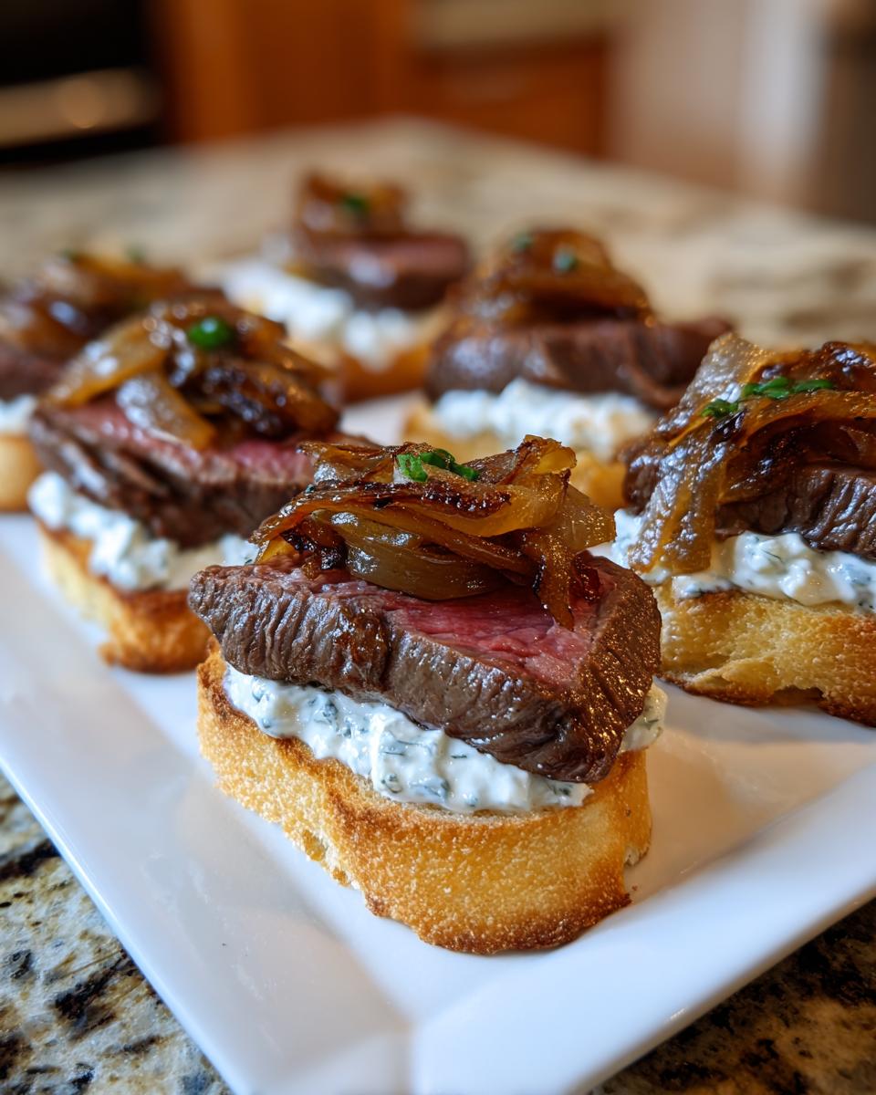 Close-up of perfectly cooked steak crostini topped with creamy spread and caramelized onions, served on a white platter.