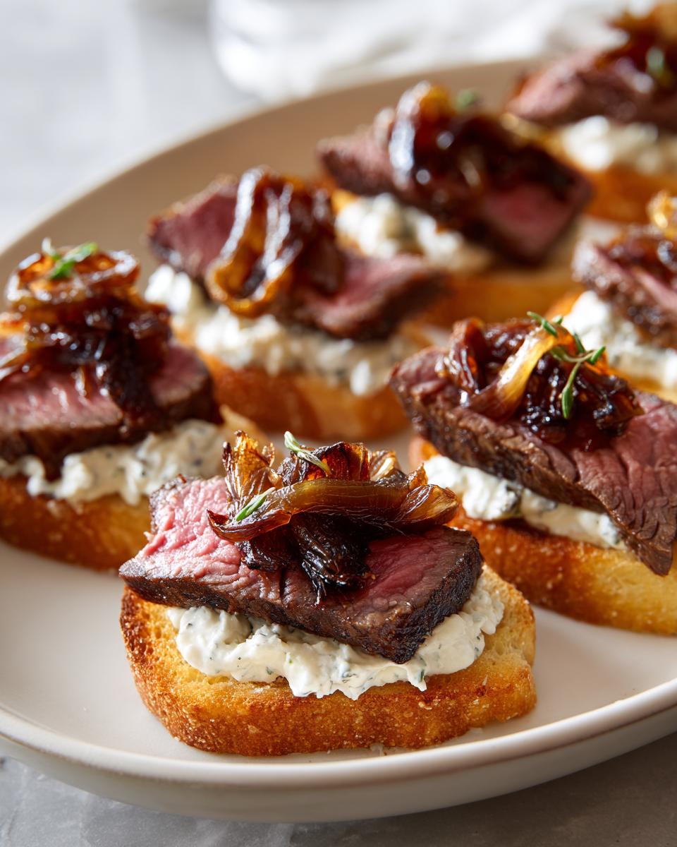 Close-up of several steak crostini appetizers topped with rare steak, creamy cheese spread, and caramelized onions.
