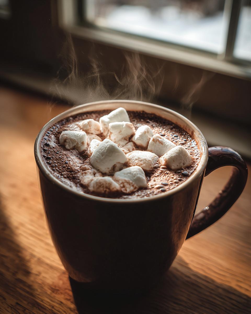 A close-up of steaming homemade hot cocoa topped with fluffy marshmallows in a dark mug.