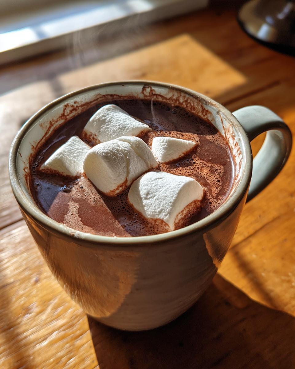 A steaming mug of rich homemade hot cocoa topped with fluffy white marshmallows, sitting on a wooden table.