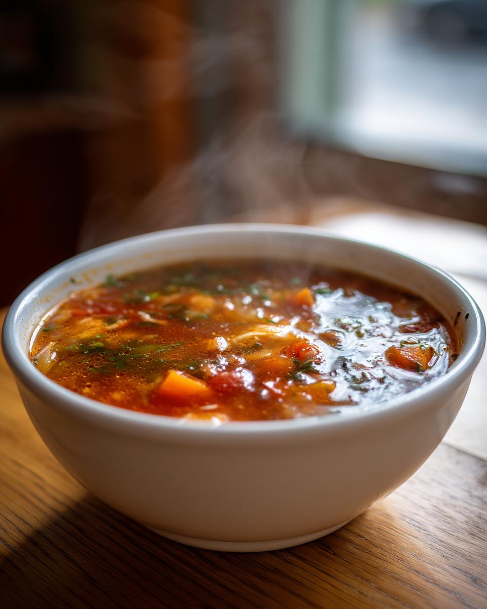 Close-up of a steaming white bowl filled with rich, tomato-based Maryland Crab Soup, featuring visible vegetables.