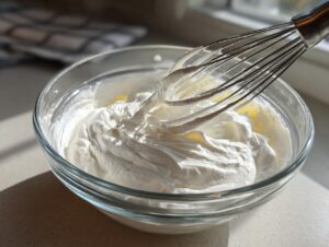 A glass bowl containing thick, white, stiff-peaked mixture being whisked, likely for a royal icing recipe.