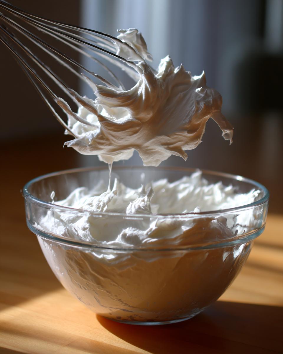 A whisk lifted from a glass bowl showing stiff peaks of white royal icing recipe mixture.