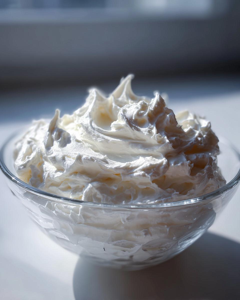 A clear glass bowl filled with stiff, bright white royal icing recipe mixture, beautifully textured.