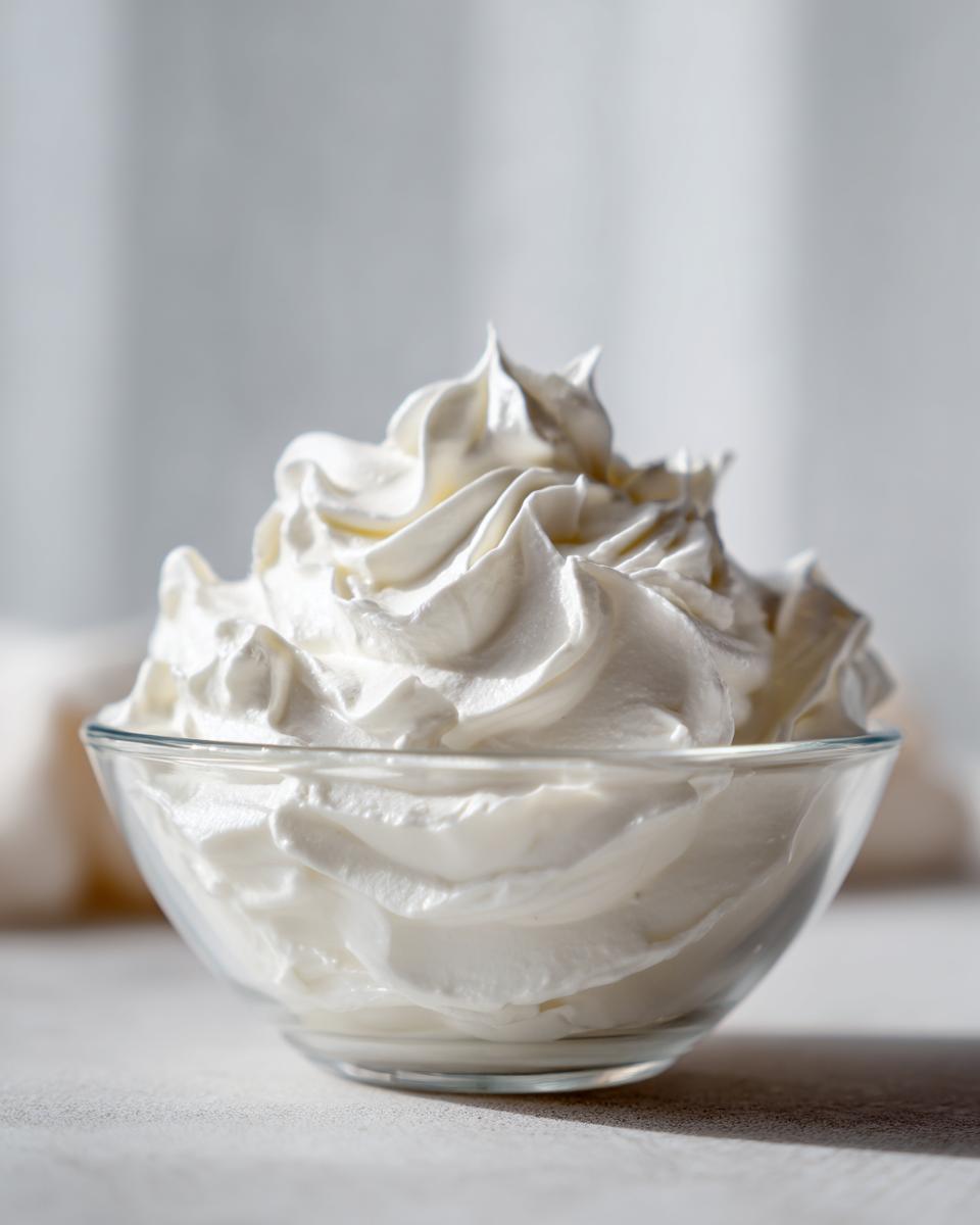 Close-up of stiff, white peaks of icing mixture, resembling royal icing recipe consistency, in a clear glass bowl.