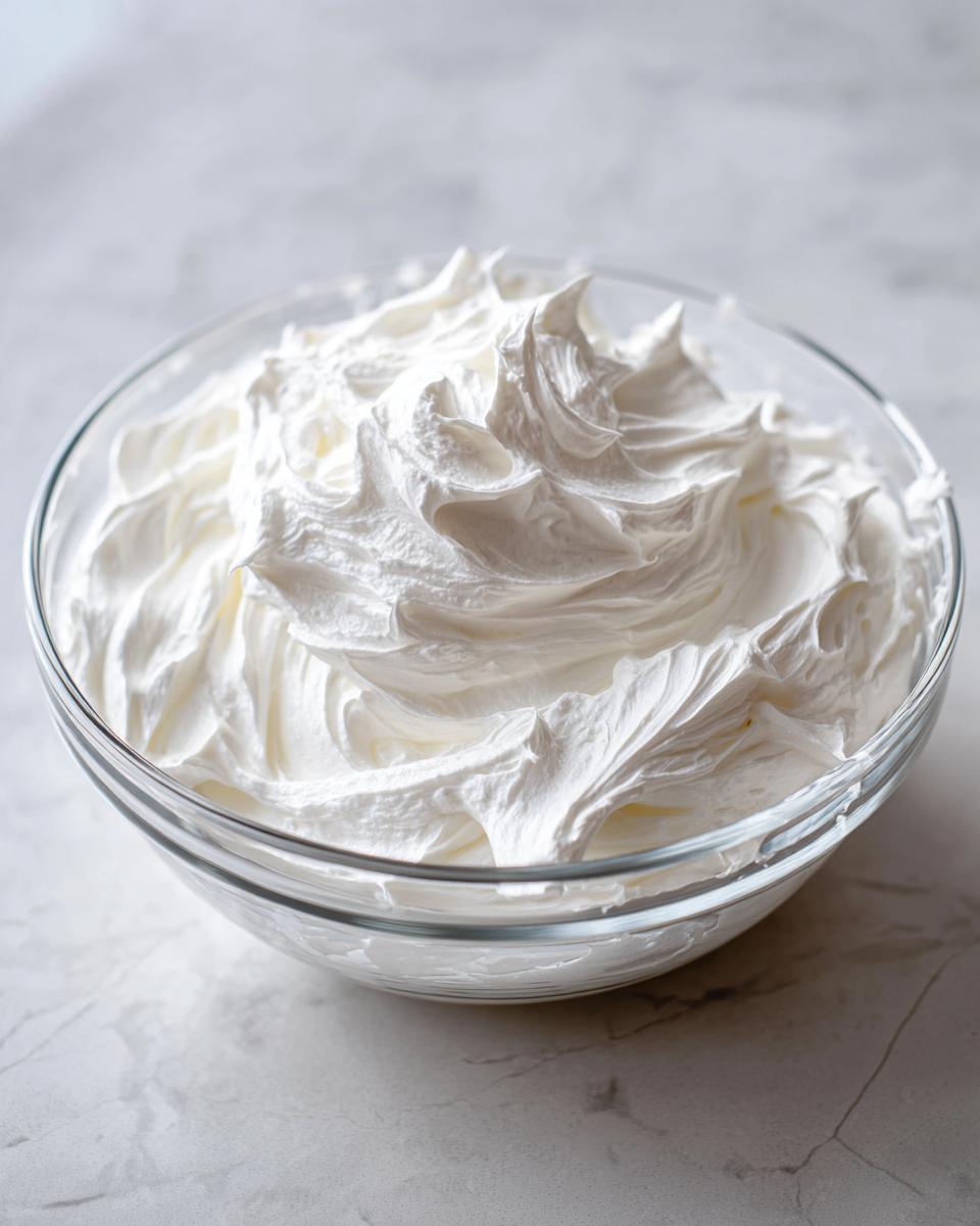 A clear glass bowl filled with perfectly stiff, bright white royal icing recipe mixture.