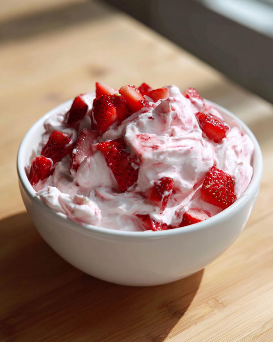 A white bowl filled with pink and white strawberry cheesecake dip, topped generously with fresh chopped strawberries.