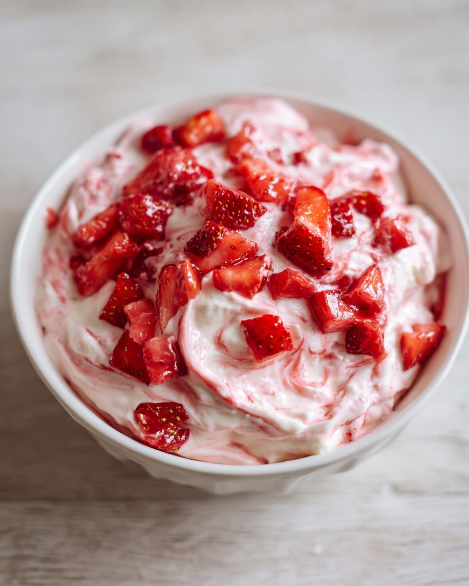 A white bowl filled with creamy strawberry cheesecake dip swirled with strawberry sauce and topped with fresh diced strawberries.