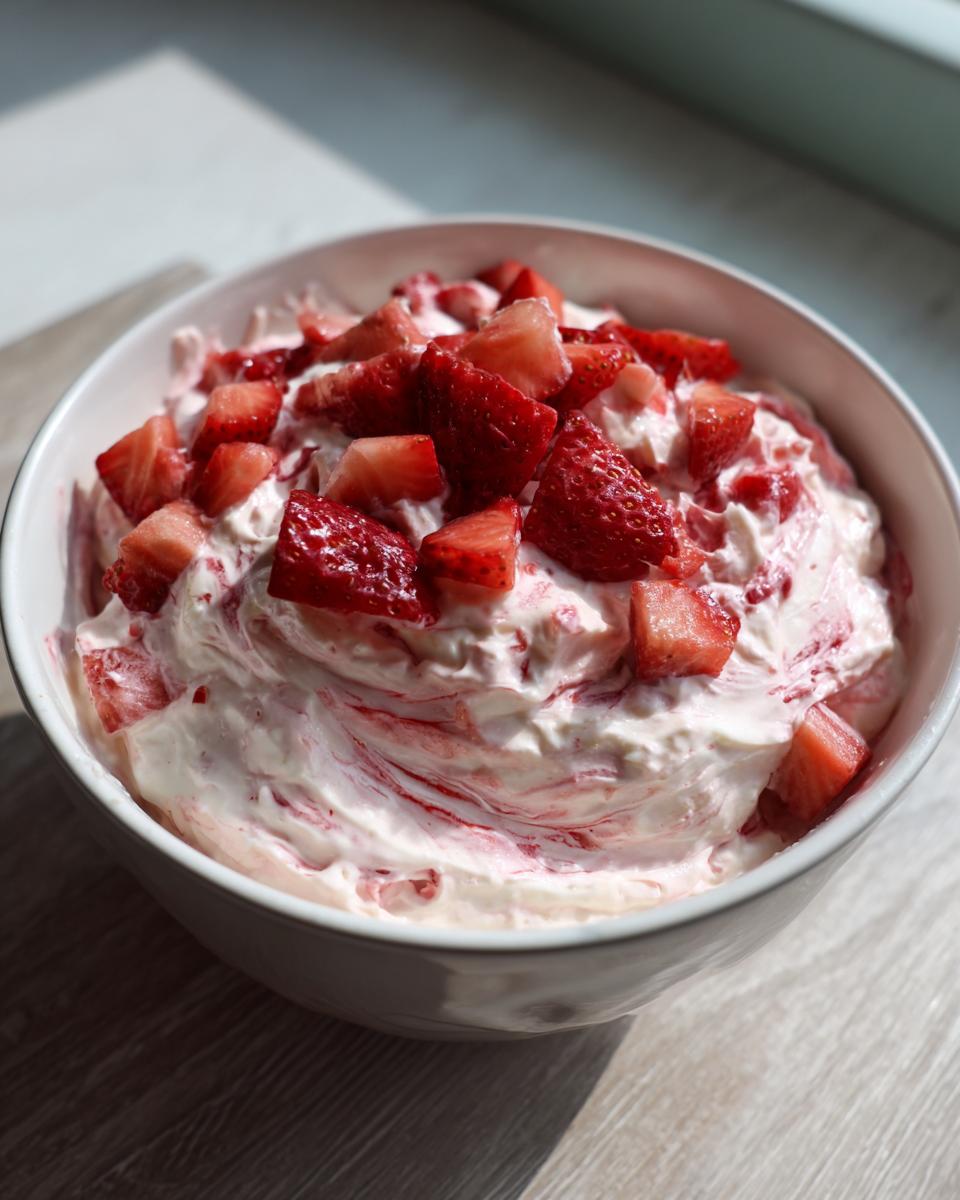 A close-up of a white bowl filled with creamy strawberry cheesecake dip, swirled with strawberry puree and topped with chopped fresh strawberries.