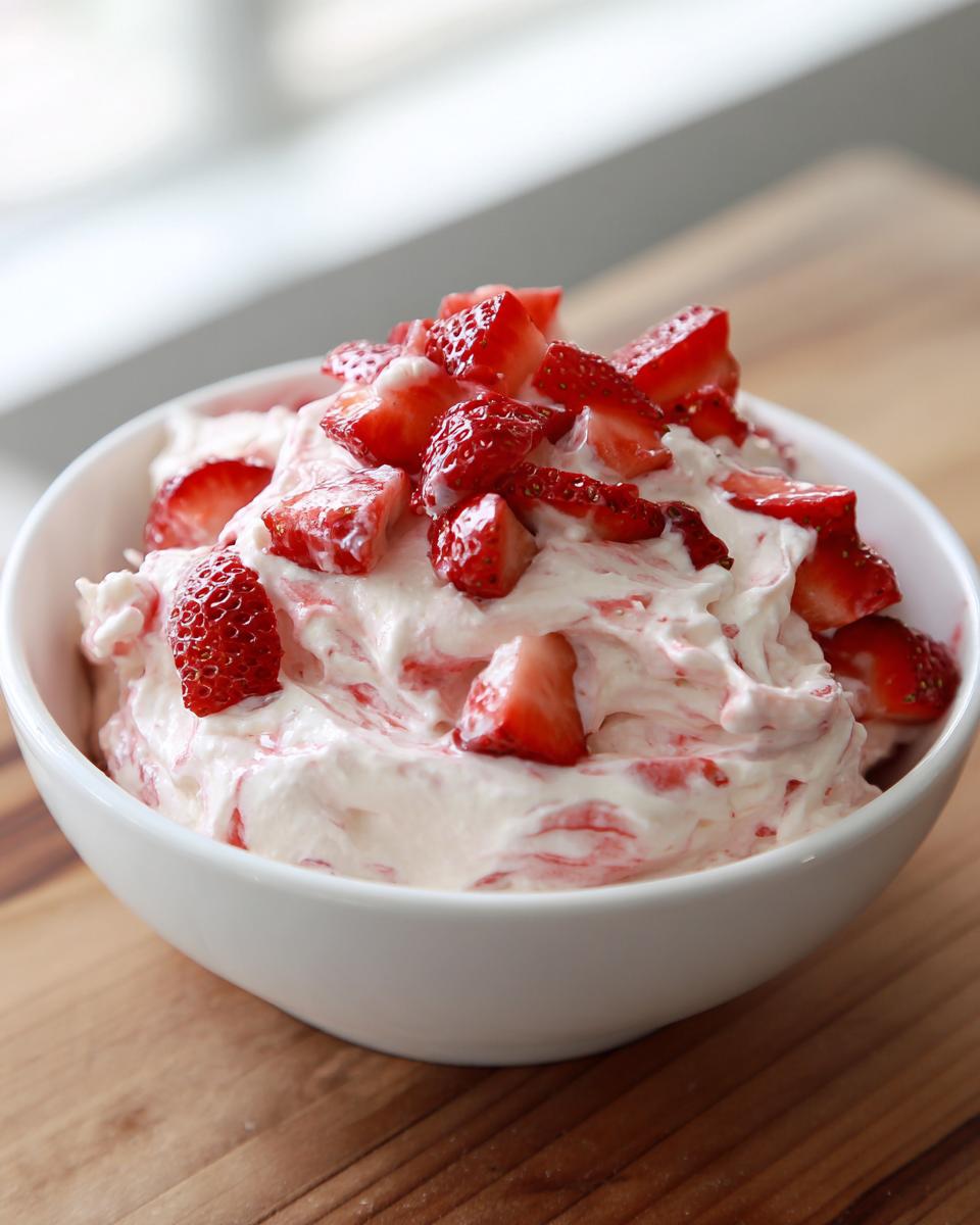 A white bowl filled with creamy strawberry cheesecake dip, topped generously with chopped fresh strawberries.