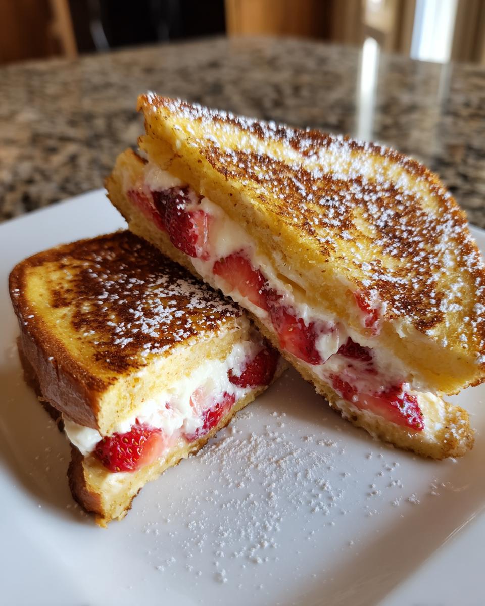 Two halves of strawberry stuffed french toast filled with cream cheese and fresh strawberries, dusted with powdered sugar.