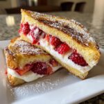 Two halves of golden brown stuffed french toast filled with cream cheese and fresh strawberries, dusted with powdered sugar.