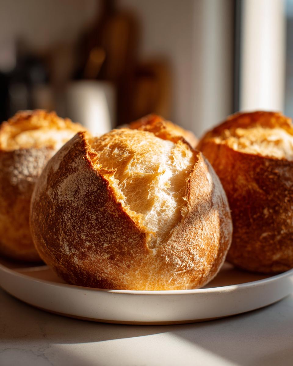 Four golden-brown, crusty round bread bowls arranged on a white plate, highlighted by sunlight.