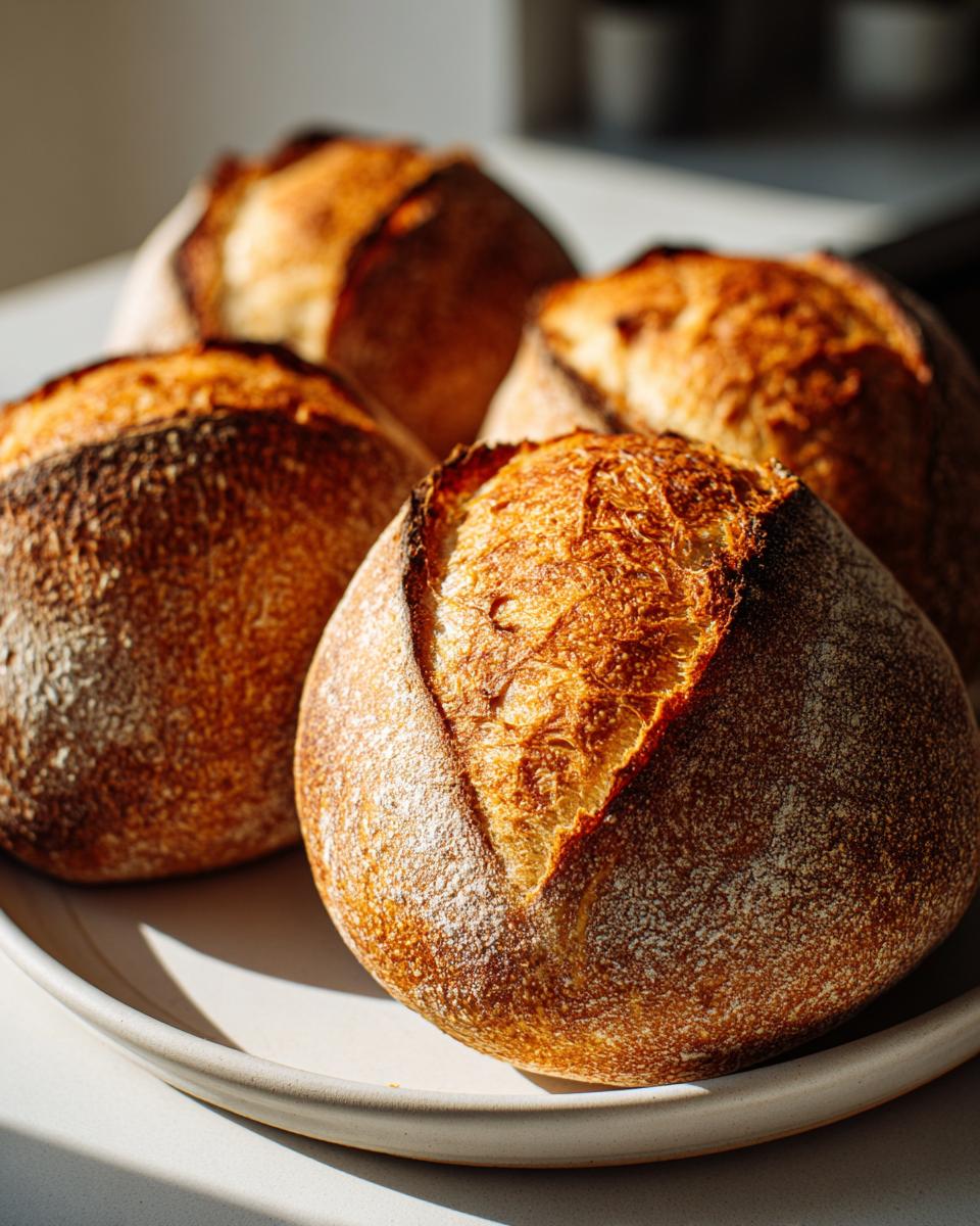 Four freshly baked, round sourdough bread bowls with golden-brown, crusty tops.