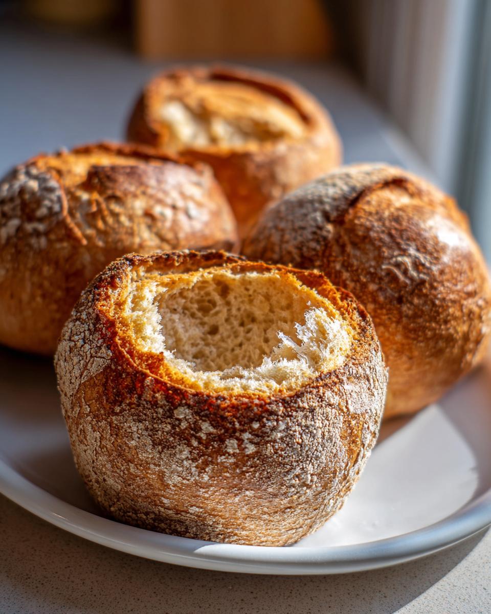 Close-up of four sturdy bread bowls, one hollowed out in the foreground, ready for soup.