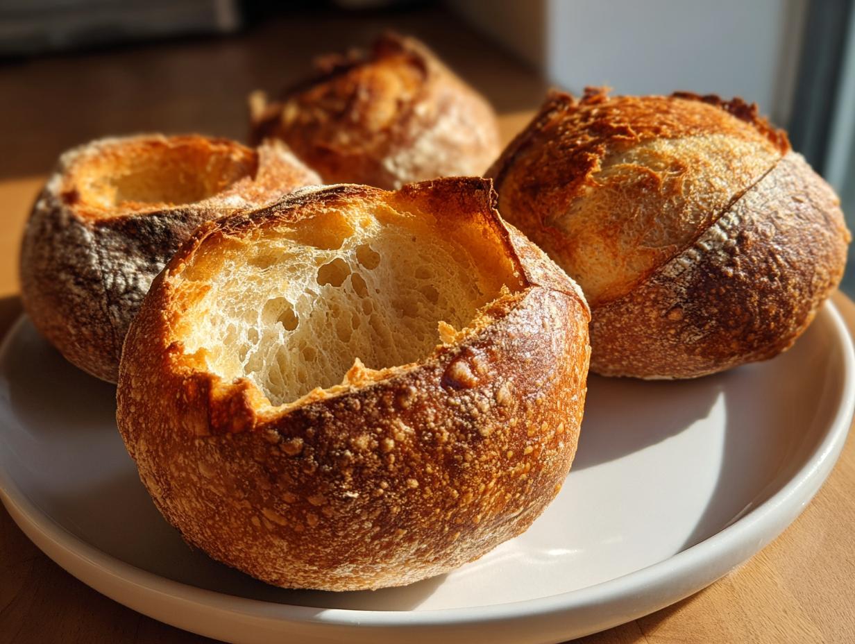 Four freshly baked, sturdy bread bowls with golden-brown crusts sitting on a white plate, ready to hold soup.