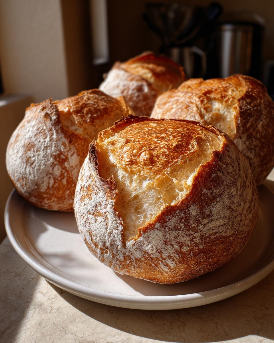 Four freshly baked, round sourdough bread bowls with golden crusts dusted with flour, sitting on a plate.