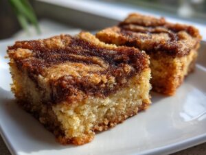 Two squares of moist snickerdoodle blondies featuring a rich cinnamon swirl topping, resting on a white plate.