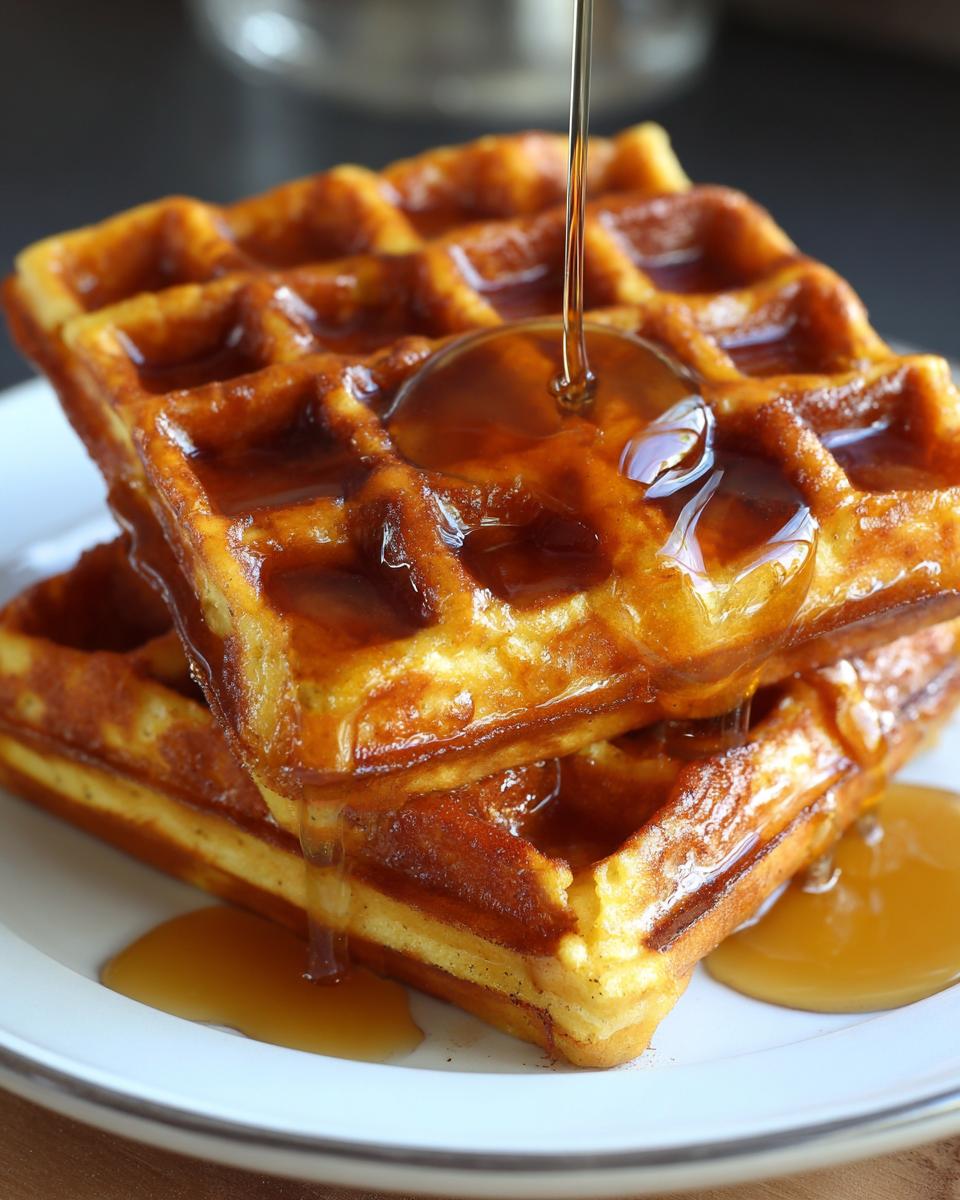 Close-up of two stacked, golden brown pumpkin waffles with syrup being drizzled over the top.