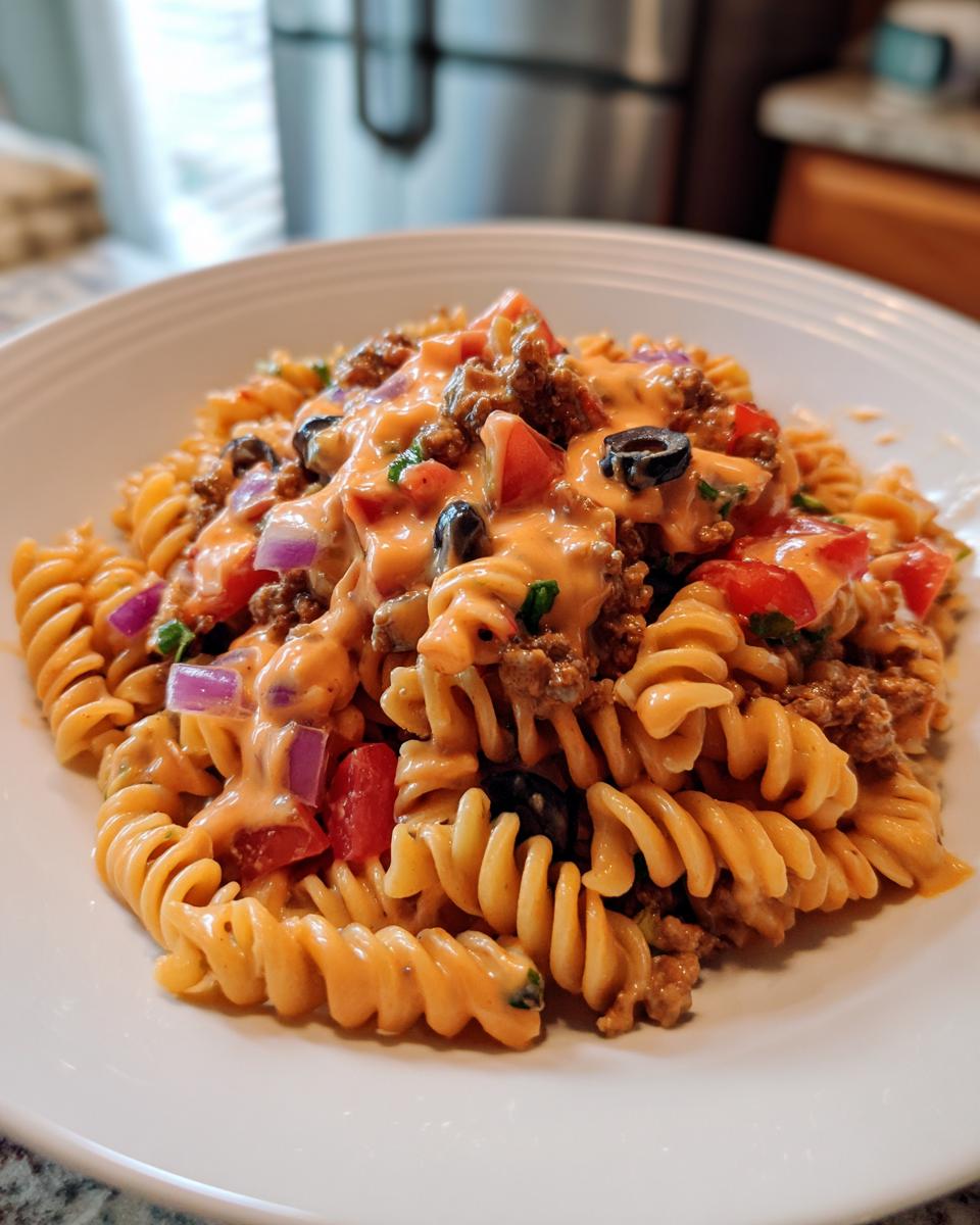 Close-up of a bowl filled with creamy taco pasta salad featuring rotini pasta, seasoned ground beef, tomatoes, olives, and red onion.