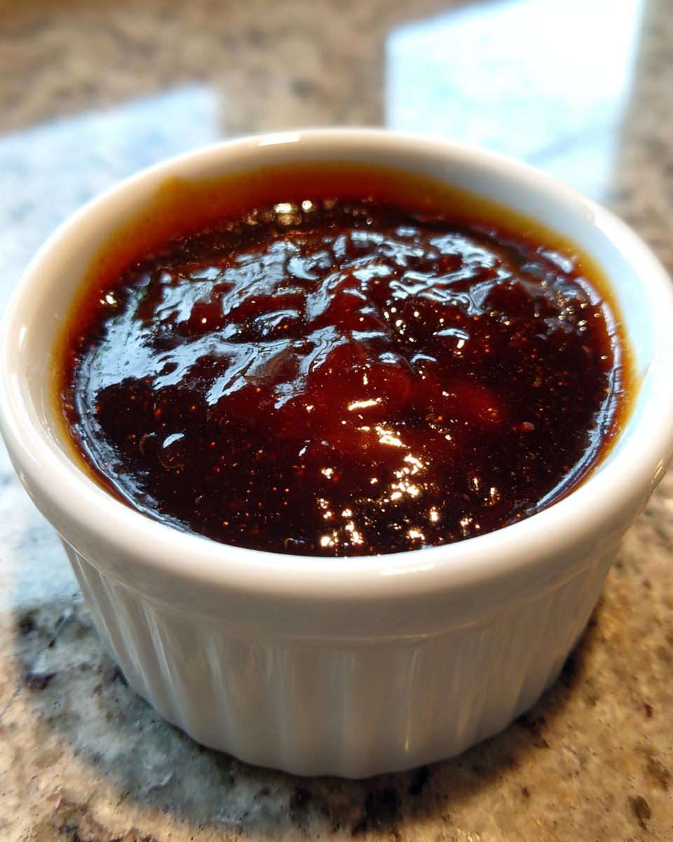 Close-up of a small white ramekin filled with thick, glossy, dark brown homemade teriyaki sauce.