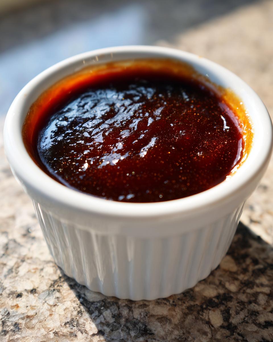 Close-up of thick, glossy homemade teriyaki sauce in a small white ramekin.