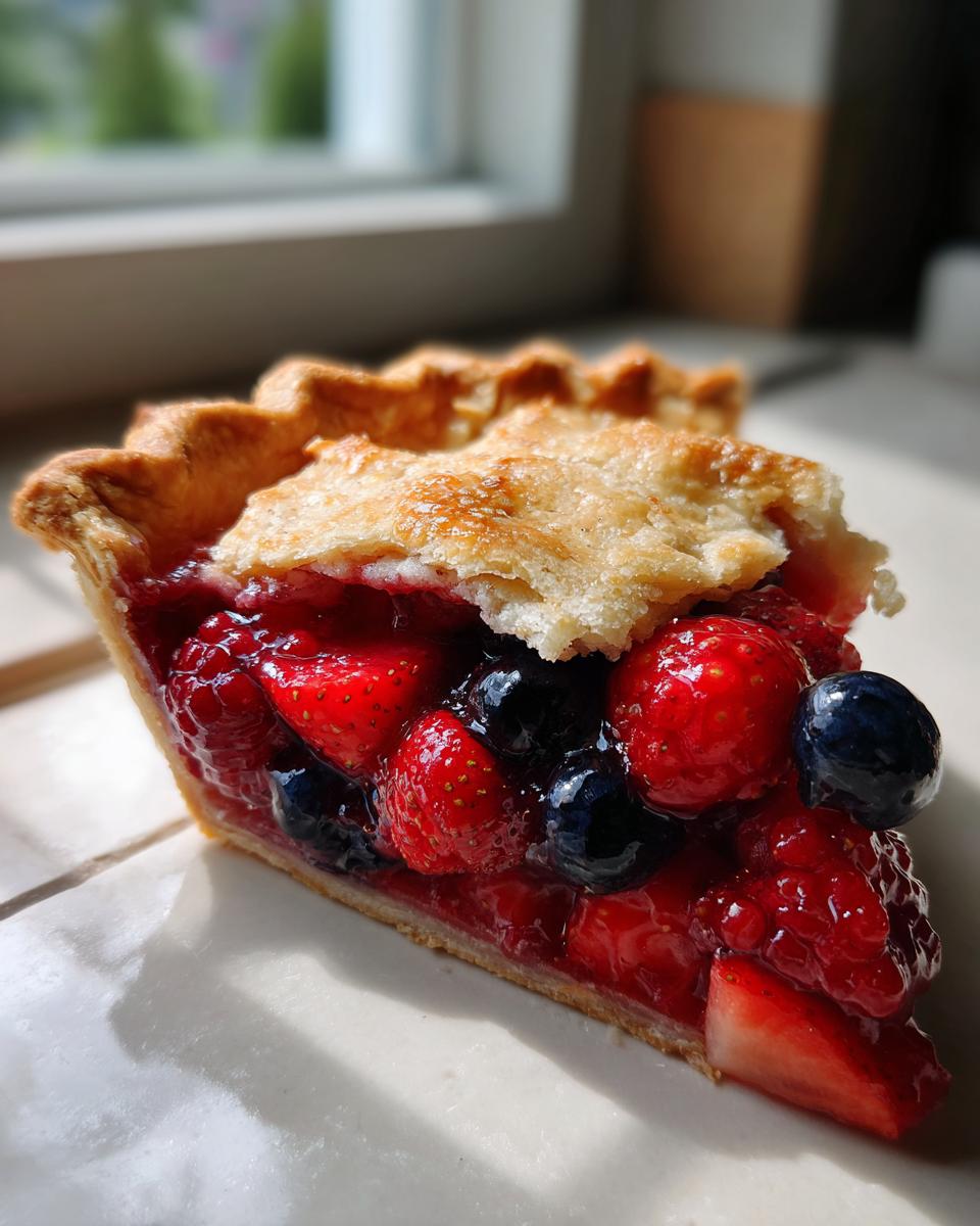 A close-up, sunlit slice of triple berry pie showing strawberries, blueberries, and raspberries filling.
