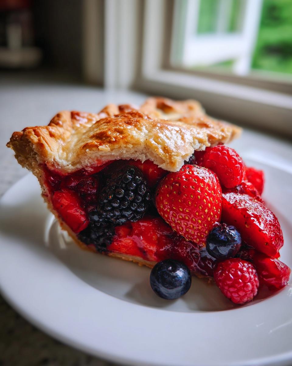 A close-up of a slice of triple berry pie showing strawberries, blueberries, blackberries, and raspberries spilling out onto a white plate.