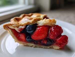 A close-up slice of triple berry pie showing juicy strawberries, blueberries, and raspberries in a flaky golden crust.