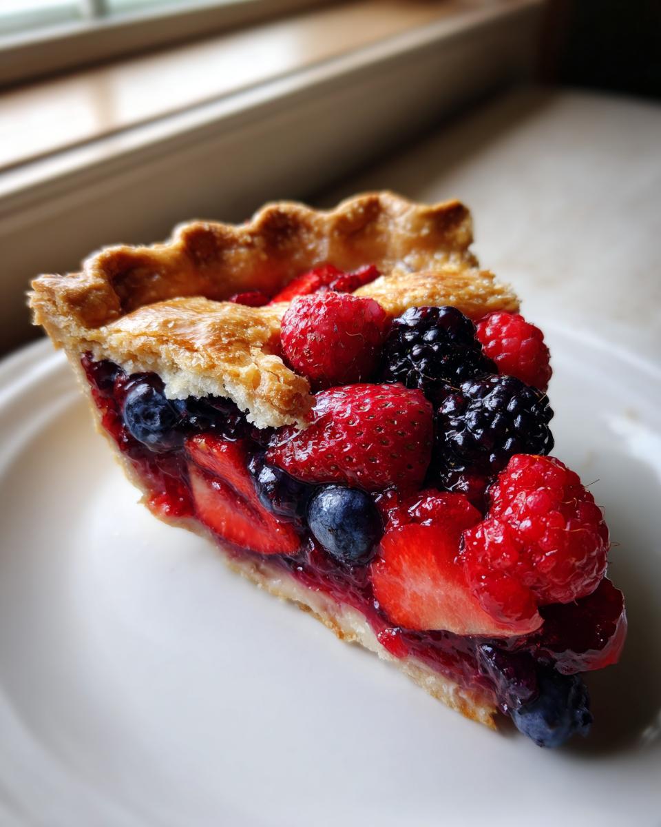 A close-up of a slice of amazing triple berry pie, overflowing with strawberries, blueberries, and raspberries, resting on a white plate.
