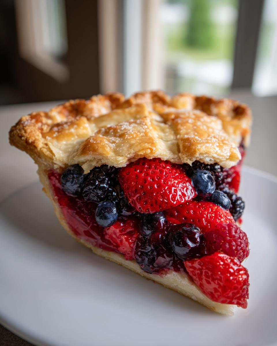 A close-up of a generous slice of triple berry pie showing strawberries, blueberries, and blackberries under a golden lattice crust.