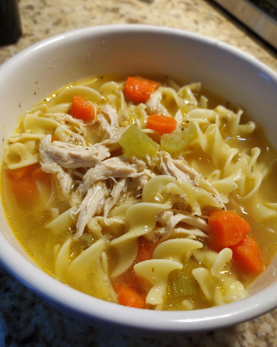 A close-up view of a white bowl filled with steaming turkey noodle soup, featuring egg noodles, shredded turkey, carrots, and celery.